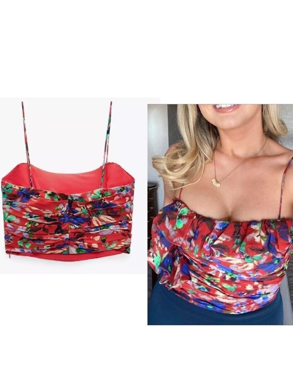 Zara red floral flower ruched draped layered ruffle frill camisole crop top Sz M